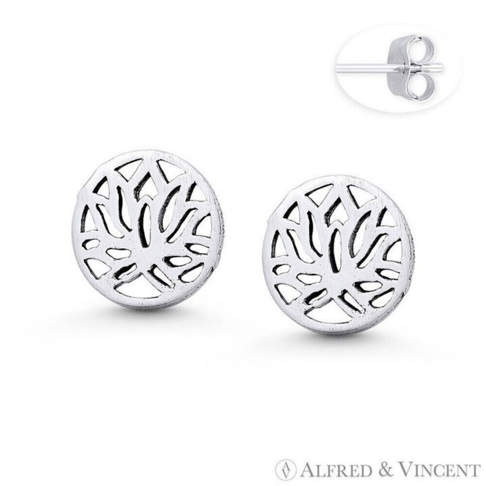 Lotus Flower Buddhist Charm Stud Earrings in Oxidized .925 Sterling Silver
